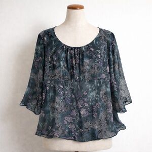 Studio 1940 Womens Blouse 18/30W Blue Gold Flare Sleeves Sheer Overlay Lined